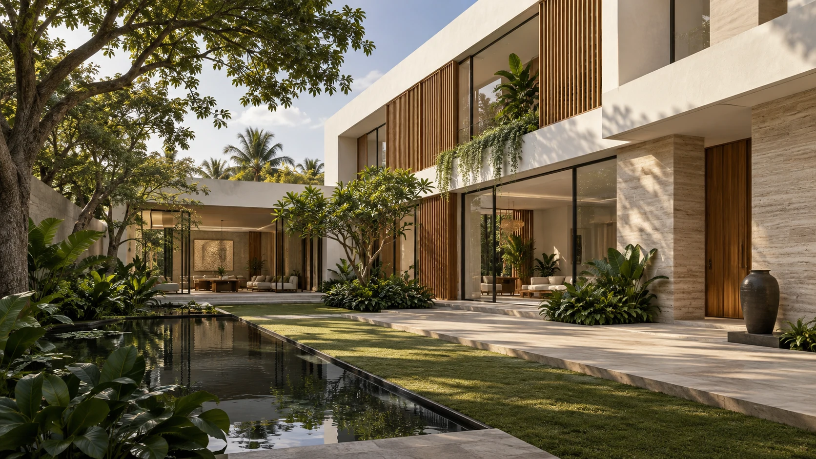 Illustrative contemporary courtyard residence with timber screens and tropical planting